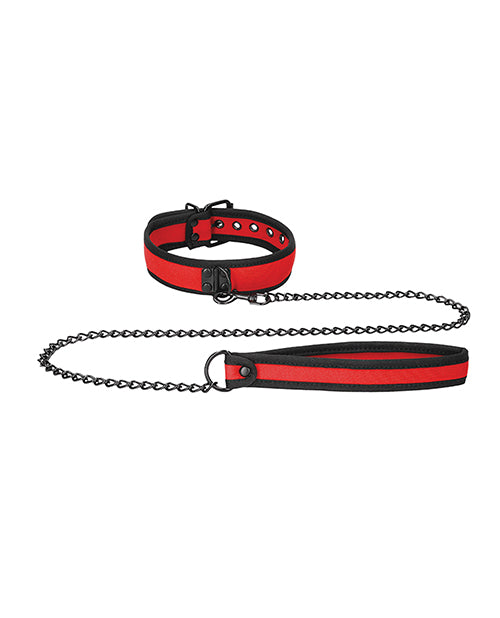 Shots Ouch Puppy Play Neoprene Collar with Leash Red displayed on a white background, ideal for pet-play enthusiasts.