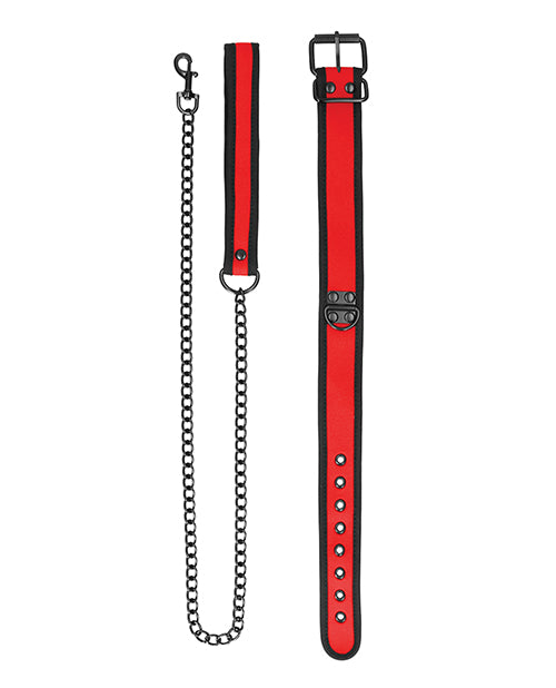 Shots Ouch Puppy Play Neoprene Collar with Leash Red featuring a vibrant design, perfect for pet-play enthusiasts.