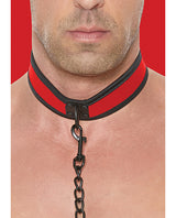 Close-up of a man wearing the Shots Ouch Puppy Play Neoprene Collar with Leash Red, showcasing its design and comfort.