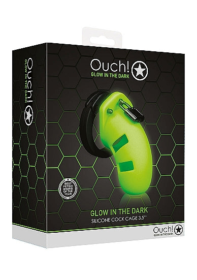 Ouch Model 20 Cock Cage 3.5 Inch Glow in the Dark Green packaging featuring a glowing silicone cock cage.