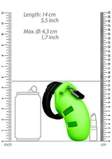 Ouch Model 20 Cock Cage 3.5 Inch Glow in the Dark Green with dimensions and measurements.