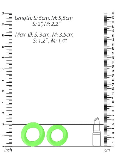 Glow 2pcs Cock Ring Set Glow In The Dark size chart with measurements and glowing rings displayed.