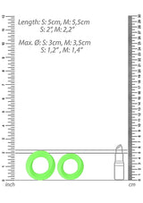 Glow 2pcs Cock Ring Set Glow In The Dark size chart with measurements and glowing rings displayed.