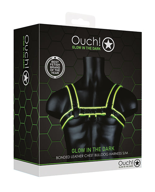 Shots Ouch Chest Bulldog Harness Glow in the Dark S M product packaging showcasing glow-in-the-dark design and features.