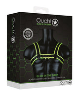 Shots Ouch Chest Bulldog Harness Glow in the Dark S M product packaging showcasing glow-in-the-dark design and features.