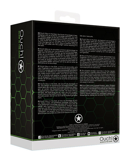 Shots Ouch Chest Bulldog Harness Glow in the Dark S M packaging back view with multilingual product details.
