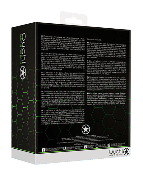 Shots Ouch Chest Bulldog Harness Glow in the Dark S M packaging back view with multilingual product details.
