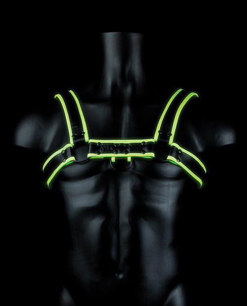 Shots Ouch Chest Bulldog Harness Glow in the Dark S M displayed on a male mannequin with fluorescent green detailing.