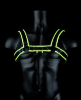 Shots Ouch Chest Bulldog Harness Glow in the Dark S M displayed on a male mannequin with fluorescent green detailing.