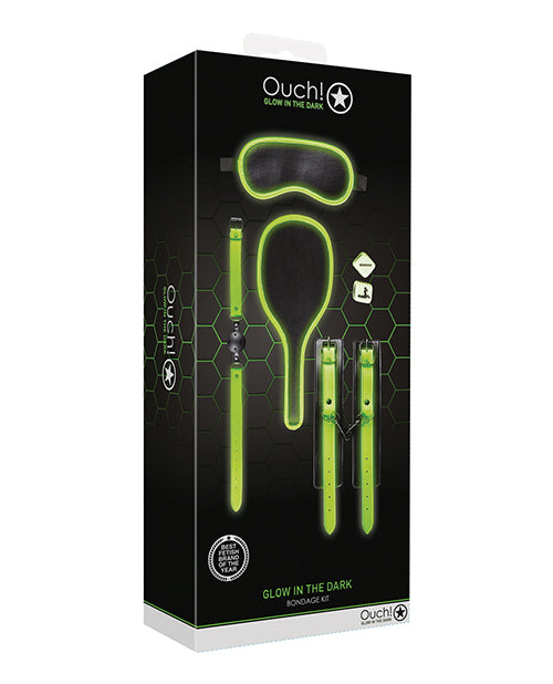 Shots Ouch Bondage Kit #1 Glow in the Dark packaging featuring glow-in-the-dark restraints and eye mask.