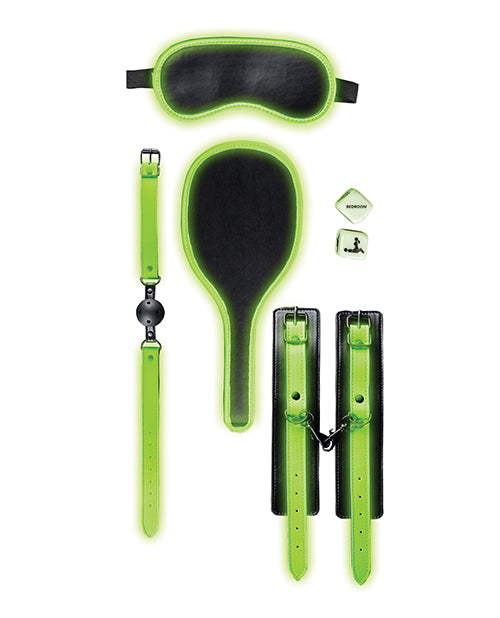 Shots Ouch Bondage Kit #1 Glow in the Dark complete set featuring glowing green details and authentic fetish design.