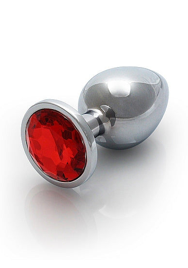 Round Gem Butt Plug Medium Silver Ruby Red showcasing sleek metal design with red jewel base.