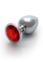 Round Gem Butt Plug Medium Silver Ruby Red showcasing sleek metal design with red jewel base.