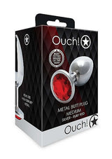 Round Gem Butt Plug Medium Silver Ruby Red packaging showcasing a luxurious metal body and ruby red gem.
