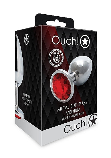 Round Gem Butt Plug Medium Silver Ruby Red packaging showcasing a luxurious metal body and ruby red gem.