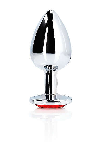 Round Gem Butt Plug Medium Silver Ruby Red - sleek metal design with a ruby red jewel base for anal pleasure