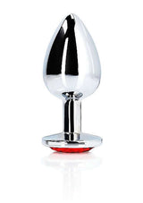 Round Gem Butt Plug Medium Silver Ruby Red - sleek metal design with a ruby red jewel base for anal pleasure