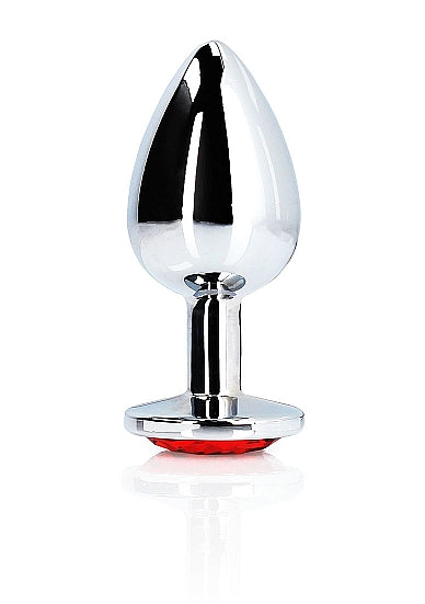 Round Gem Butt Plug Medium Silver Ruby Red - sleek metal design with a ruby red jewel base for anal pleasure