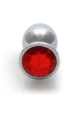 Round Gem Butt Plug Medium Silver Ruby Red featuring a sleek metal body and a jewel-encrusted ruby red base.