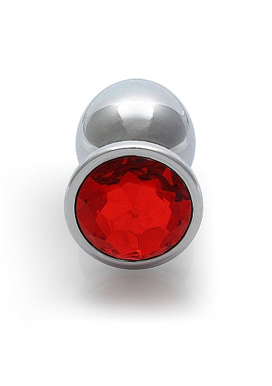 Round Gem Butt Plug Medium Silver Ruby Red featuring a sleek metal body and a jewel-encrusted ruby red base.