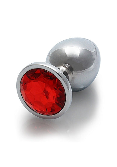 Round Gem Butt Plug Medium Silver Ruby Red with a sleek metal body and a jewel-encrusted base.