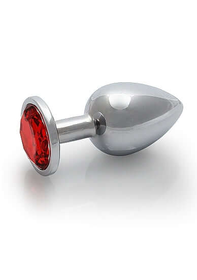 Round Gem Butt Plug Medium Silver Ruby Red with a sleek metal body and jewel-encrusted base.