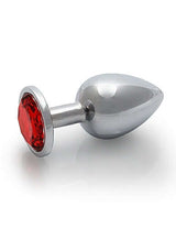 Round Gem Butt Plug Medium Silver Ruby Red with a sleek metal body and jewel-encrusted base.
