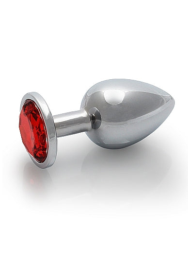 Round Gem Butt Plug Medium Silver Ruby Red with a sleek metal body and jewel-encrusted base.