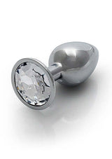 Round Gem Butt Plug Small Silver Diamond with a jewel-encrusted base and smooth metal body.