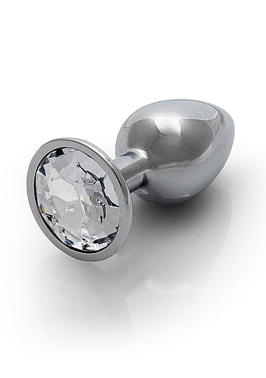 Round Gem Butt Plug Small Silver Diamond with a jewel-encrusted base and smooth metal body.
