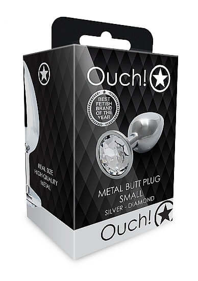 Packaging for Round Gem Butt Plug Small Silver Diamond by Ouch! features sleek design and jewel-encrusted detailing.