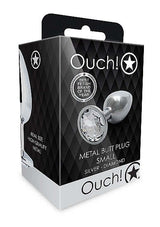 Packaging for Round Gem Butt Plug Small Silver Diamond by Ouch! features sleek design and jewel-encrusted detailing.