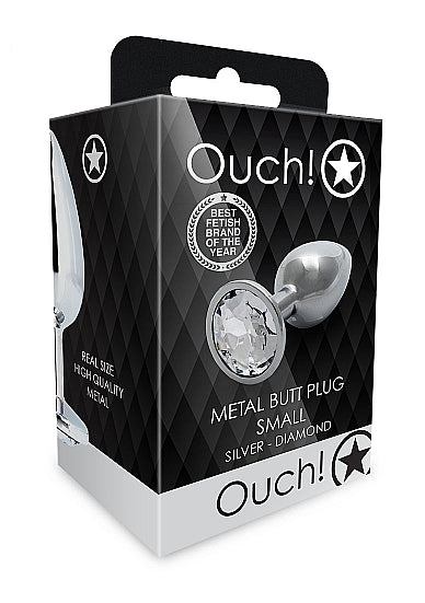 Packaging for Round Gem Butt Plug Small Silver Diamond by Ouch! features sleek design and jewel-encrusted detailing.