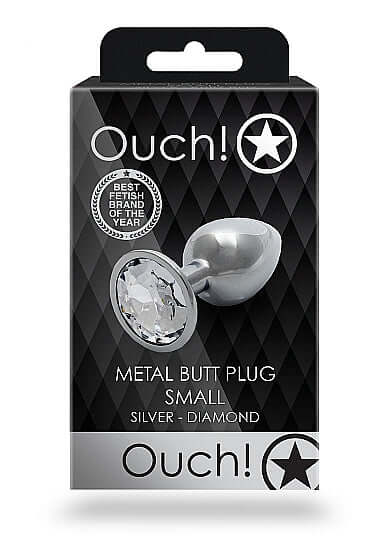Round Gem Butt Plug Small Silver Diamond packaging with a sleek metal design and a jewel-encrusted base.