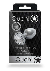 Round Gem Butt Plug Small Silver Diamond packaging with a sleek metal design and a jewel-encrusted base.