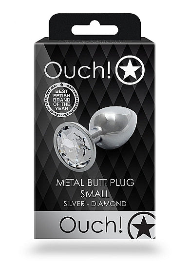 Round Gem Butt Plug Small Silver Diamond packaging with a sleek metal design and a jewel-encrusted base.
