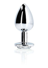 Round Gem Butt Plug Small Silver Diamond with a sleek metal design and jewel-encrusted base, perfect for stimulation.