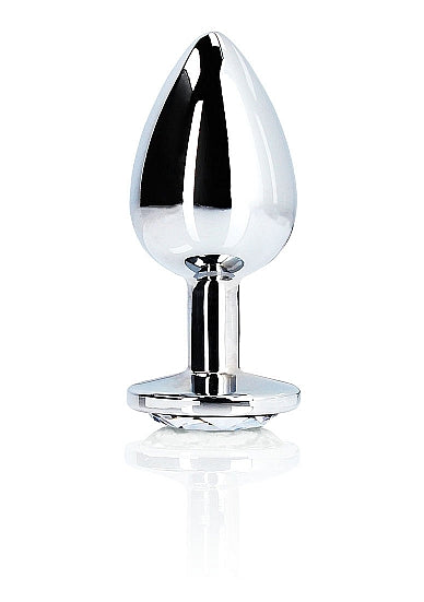 Round Gem Butt Plug Small Silver Diamond with a sleek metal design and jewel-encrusted base, perfect for stimulation.