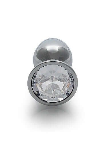 Round Gem Butt Plug Small Silver Diamond with a jewel-encrusted base and sleek metal design.