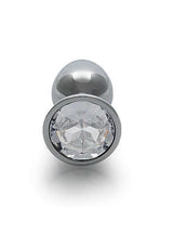 Round Gem Butt Plug Small Silver Diamond with a jewel-encrusted base and sleek metal design.