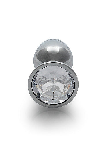 Round Gem Butt Plug Small Silver Diamond with a jewel-encrusted base and sleek metal design.