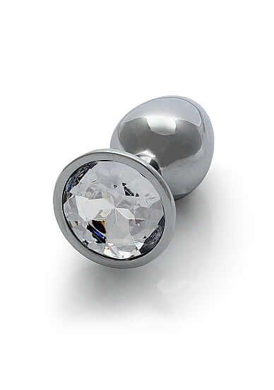 Round Gem Butt Plug Small Silver Diamond showcasing a sleek metal body with a jewel-encrusted base.