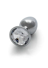 Round Gem Butt Plug Small Silver Diamond showcasing a sleek metal body with a jewel-encrusted base.