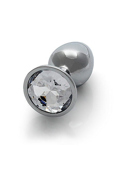 Round Gem Butt Plug Small Silver Diamond showcasing a sleek metal body with a jewel-encrusted base.