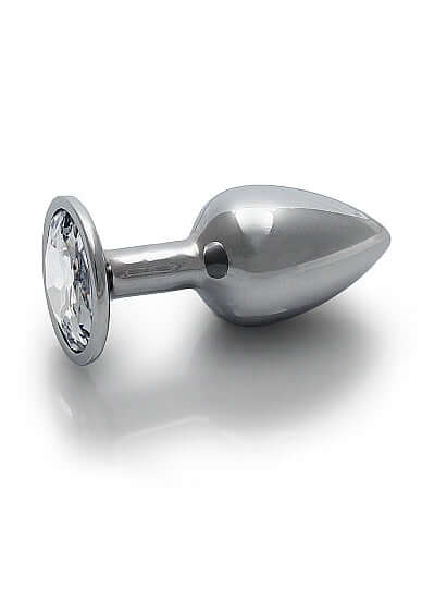 Round Gem Butt Plug Small Silver Diamond with sleek metal body and jewel-encrusted base.
