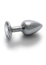 Round Gem Butt Plug Small Silver Diamond with sleek metal body and jewel-encrusted base.