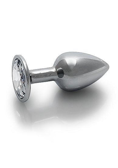 Round Gem Butt Plug Small Silver Diamond with sleek metal body and jewel-encrusted base.