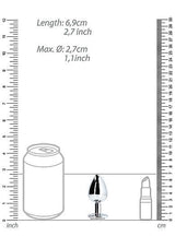 Round Gem Butt Plug Small Silver Diamond size comparison with a can and lipstick, measurements included.