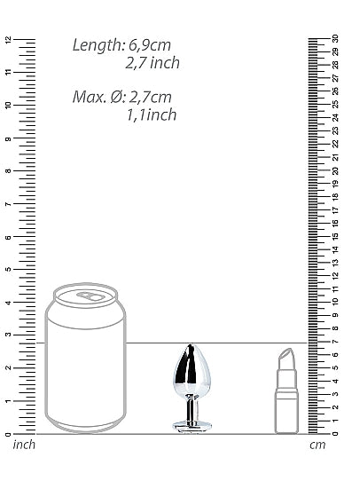 Round Gem Butt Plug Small Silver Diamond size comparison with a can and lipstick, measurements included.