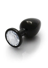 Round Gem Butt Plug Medium Gunmetal Diamond featuring a sleek polished aluminum body and sparkling acrylic diamond base.
